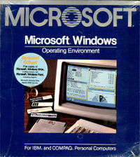 The box art of Windows 1.0, the first version Microsoft released to the public.